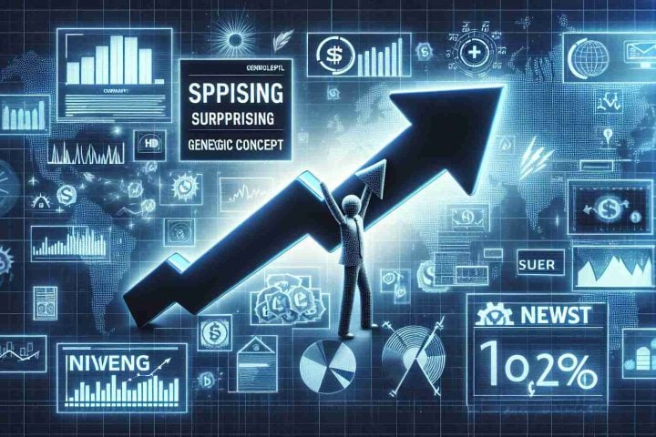 Generate a realistic HD representation of a financial concept, symbolizing the surprising surge of a generic renewable energy company. Display indicators of positive momentum, like graphs trending upwards, news headlines with positive sentiment, and symbols of investment and profit.