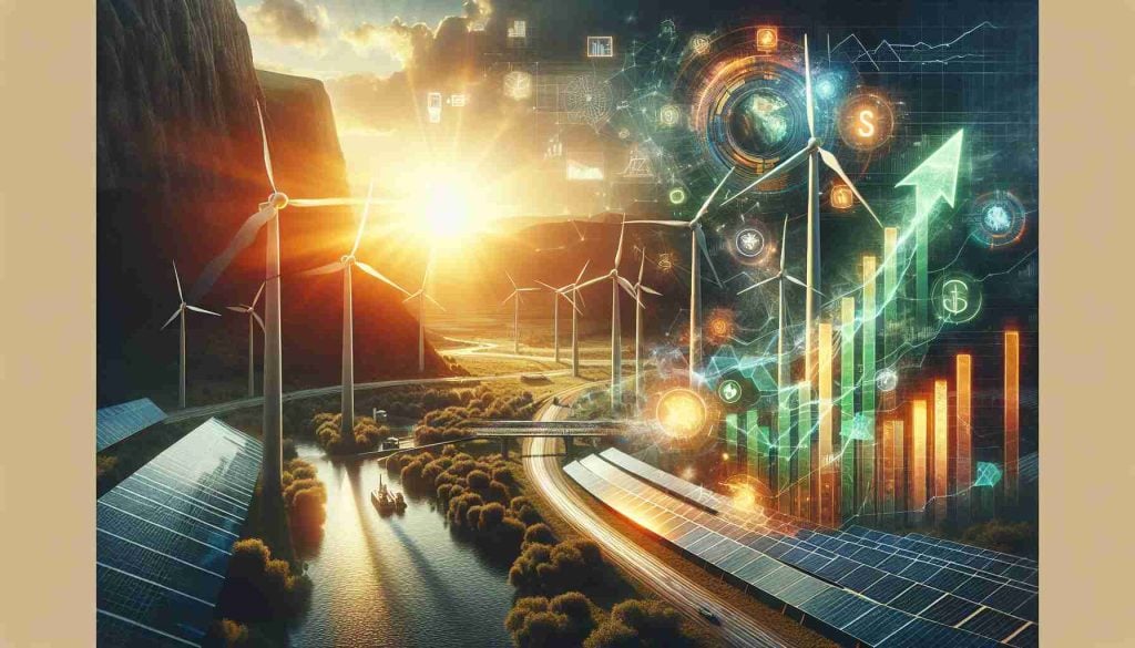 A high-definition, photorealistic image that represents the concept of 'The Energy Revolution'. This image could portray various sustainable energy sources like solar panels, wind turbines, or hydroelectric dams in a dynamic, visually striking way. Additionally, the image should communicate an impression of untapped investment potential, perhaps via indicators such as growth charts or symbols of wealth and abundance. Please layer the image with rich colors and realistic textures to capture viewers' attention and spur interest in renewable energy investments.