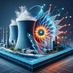 Generate a high definition image of an abstract concept representing innovation in nuclear energy. Perhaps it could take the form of a high-tech nuclear powerplant with light rays symbolizing the new energy wave, with a contrasting element to represent a possible 'blip'. Remember, this should look photorealistic - no cartoon or overly stylized design.