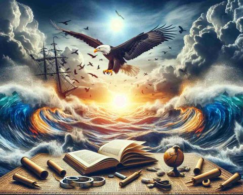 Create an image that embodies the concept of oil stocks soaring amidst market chaos. Visualize this with the metaphor of a soaring eagle, symbolizing the oil stocks, flying above a turbulent sea, representing the chaotic market. Add a bright sun, indicating a hopeful future. Also, include a scroll or an open book symbolizing secret knowledge or strategy lying in the middle of chaos. This should be a realistic, high-definition image.