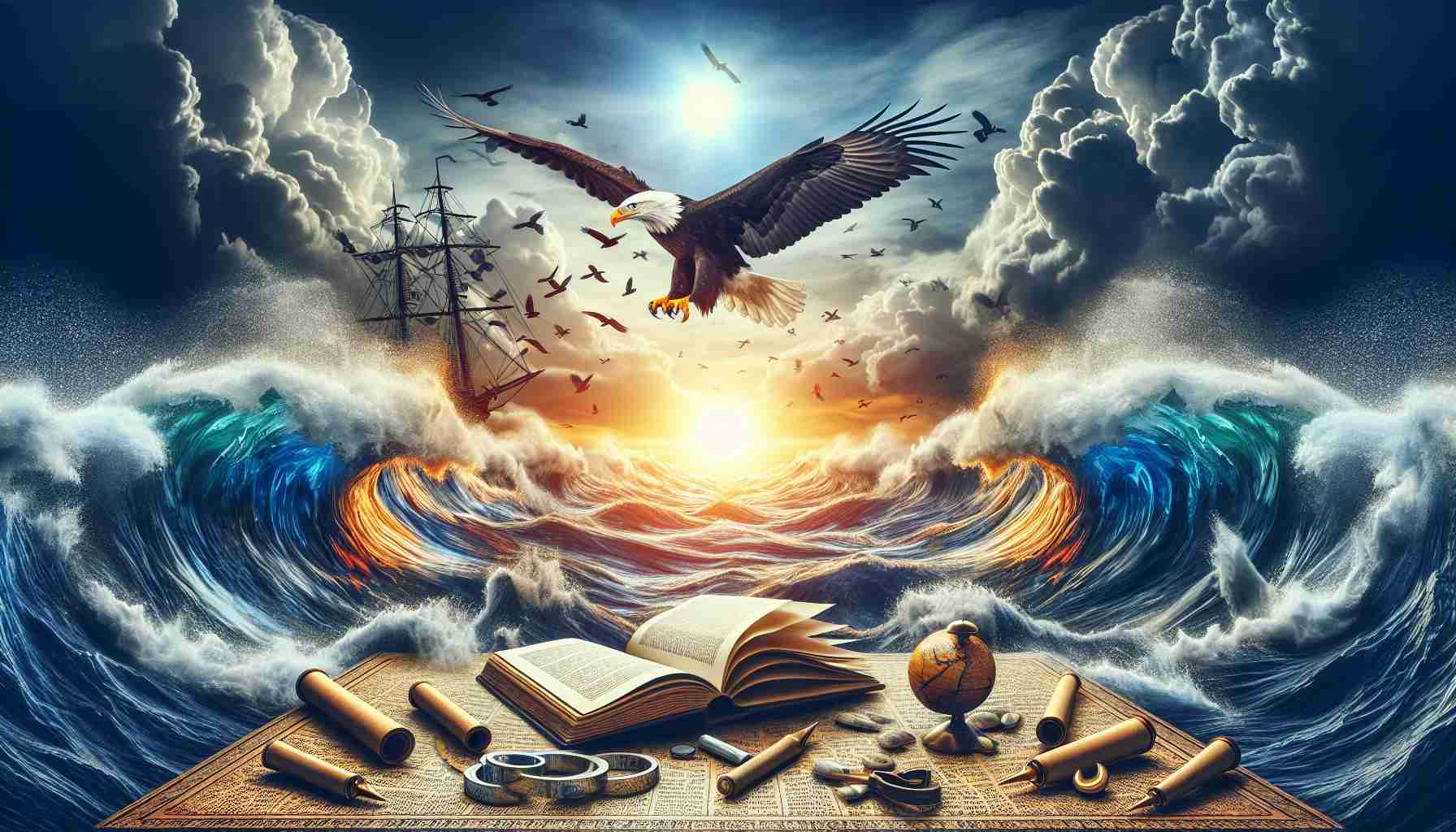 Create an image that embodies the concept of oil stocks soaring amidst market chaos. Visualize this with the metaphor of a soaring eagle, symbolizing the oil stocks, flying above a turbulent sea, representing the chaotic market. Add a bright sun, indicating a hopeful future. Also, include a scroll or an open book symbolizing secret knowledge or strategy lying in the middle of chaos. This should be a realistic, high-definition image.