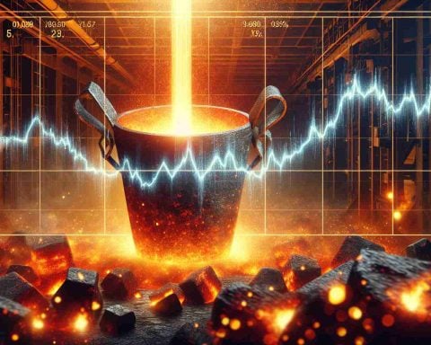 Create a high-definition, realistic image representing the concept 'New Steel Shock: Stocks Dropping Like Hot Metal'. Visualize this as a falling graph line on a stock market board which is overlaid on a background of glowing, molten steel freshly poured from an industrial ladle.