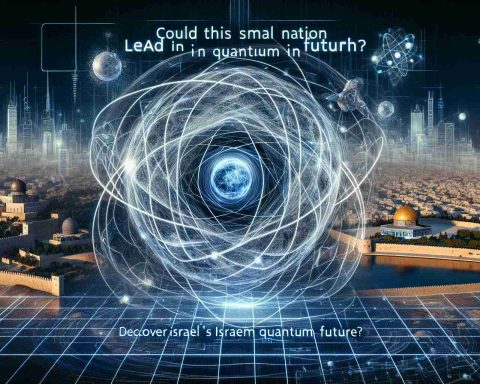 High definition, realistic image of an abstract concept signifying Quantum Technology, with a representation of Israel in the background. Perhaps a traditional 3D model of an atom with spinning electrons, overlaid on a technological grid. Behind this quantum illustration, there can be silhouettes of Israeli landmarks like the Dome of the Rock, Western Wall or Dead Sea. The words 'Could This Small Nation Lead in Quantum Tech? Discover Israel’s Quantum Future' appear in striking, futuristic font.