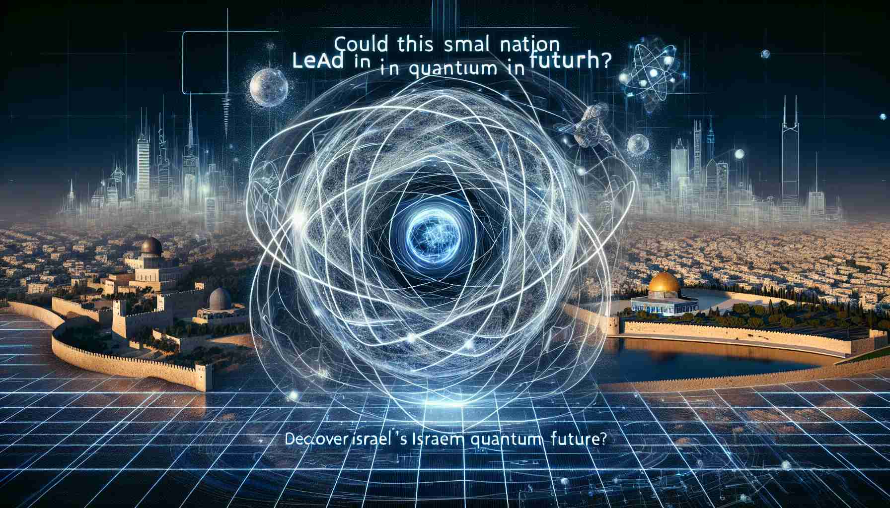 High definition, realistic image of an abstract concept signifying Quantum Technology, with a representation of Israel in the background. Perhaps a traditional 3D model of an atom with spinning electrons, overlaid on a technological grid. Behind this quantum illustration, there can be silhouettes of Israeli landmarks like the Dome of the Rock, Western Wall or Dead Sea. The words 'Could This Small Nation Lead in Quantum Tech? Discover Israel’s Quantum Future' appear in striking, futuristic font.