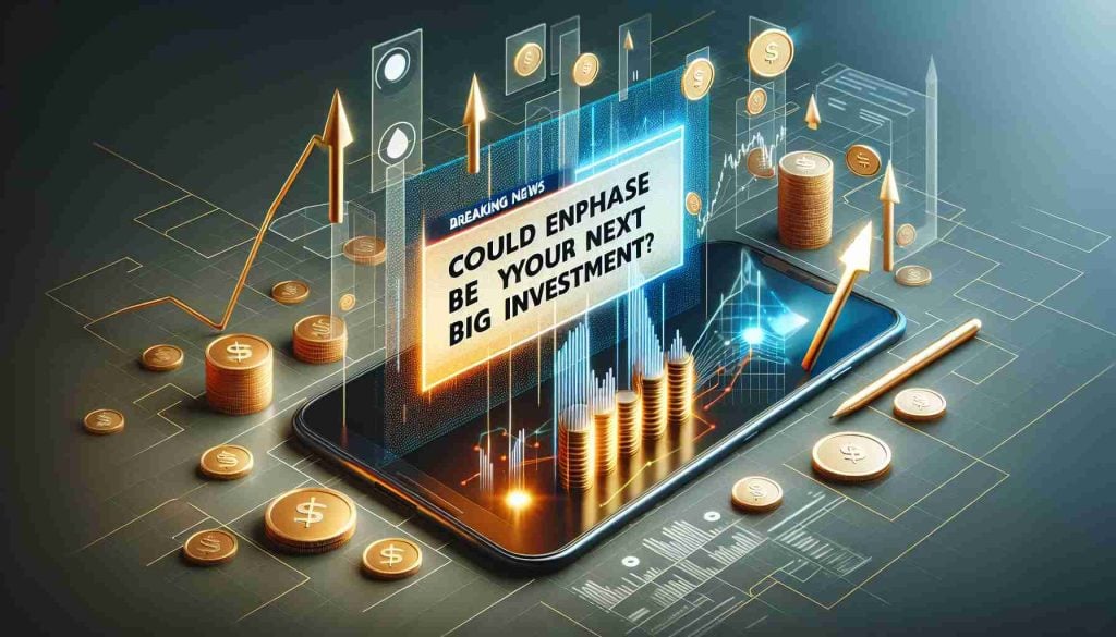 An realistic HD image of a breaking-news styled announcement with the headline 'Could Enphase Be Your Next Big Investment?', surrounded by visual elements that symbolize economic growth and investment, like arrows pointing upwards, coins, and stock graphs.