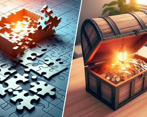 Generate a realistic high-definition image showing the concept of 'Puzzling Moves', represented by a complex and intricate puzzle yet to be solved, next to the concept of 'Hidden Opportunities', depicted as a treasure chest subtly peeked out from under a desk.