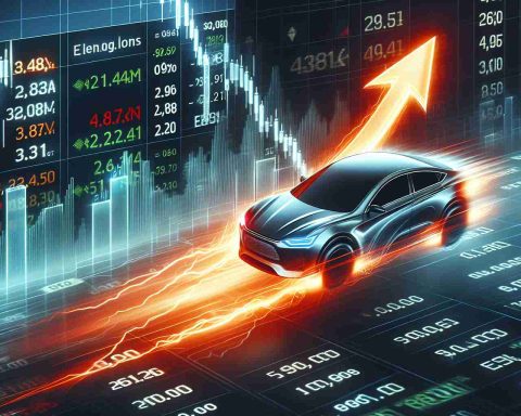 Realistic high-definition image of a dramatic stock market surge with the ticker symbol of an innovative electric car company hitting a significant milestone.