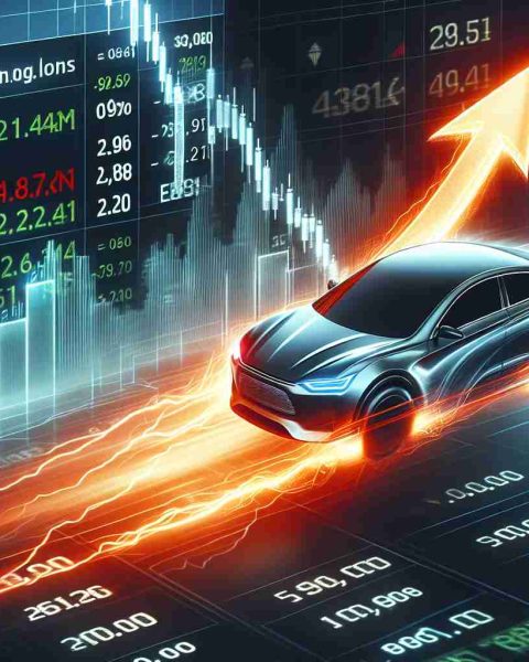 Realistic high-definition image of a dramatic stock market surge with the ticker symbol of an innovative electric car company hitting a significant milestone.