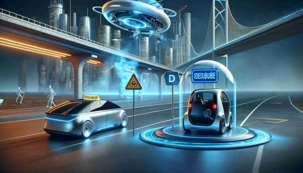 A realistic, high-definition illustration that portrays potential upcoming innovations from a futuristic electric vehicle company. Display a scene where an autonomous taxi vehicle is experiencing a delay, indicated by a disabled sign on its roof. Also, foresee a more affordable electric vehicle appearing on the horizon, symbolized by a compact, sleek electric car with a price tag that shows a lower than usual amount. Remember to encapsulate the excitement and anticipation of technological advancements in the automotive industry.