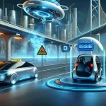 A realistic, high-definition illustration that portrays potential upcoming innovations from a futuristic electric vehicle company. Display a scene where an autonomous taxi vehicle is experiencing a delay, indicated by a disabled sign on its roof. Also, foresee a more affordable electric vehicle appearing on the horizon, symbolized by a compact, sleek electric car with a price tag that shows a lower than usual amount. Remember to encapsulate the excitement and anticipation of technological advancements in the automotive industry.