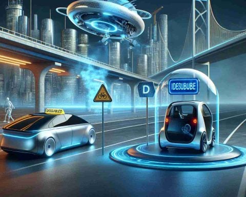 A realistic, high-definition illustration that portrays potential upcoming innovations from a futuristic electric vehicle company. Display a scene where an autonomous taxi vehicle is experiencing a delay, indicated by a disabled sign on its roof. Also, foresee a more affordable electric vehicle appearing on the horizon, symbolized by a compact, sleek electric car with a price tag that shows a lower than usual amount. Remember to encapsulate the excitement and anticipation of technological advancements in the automotive industry.