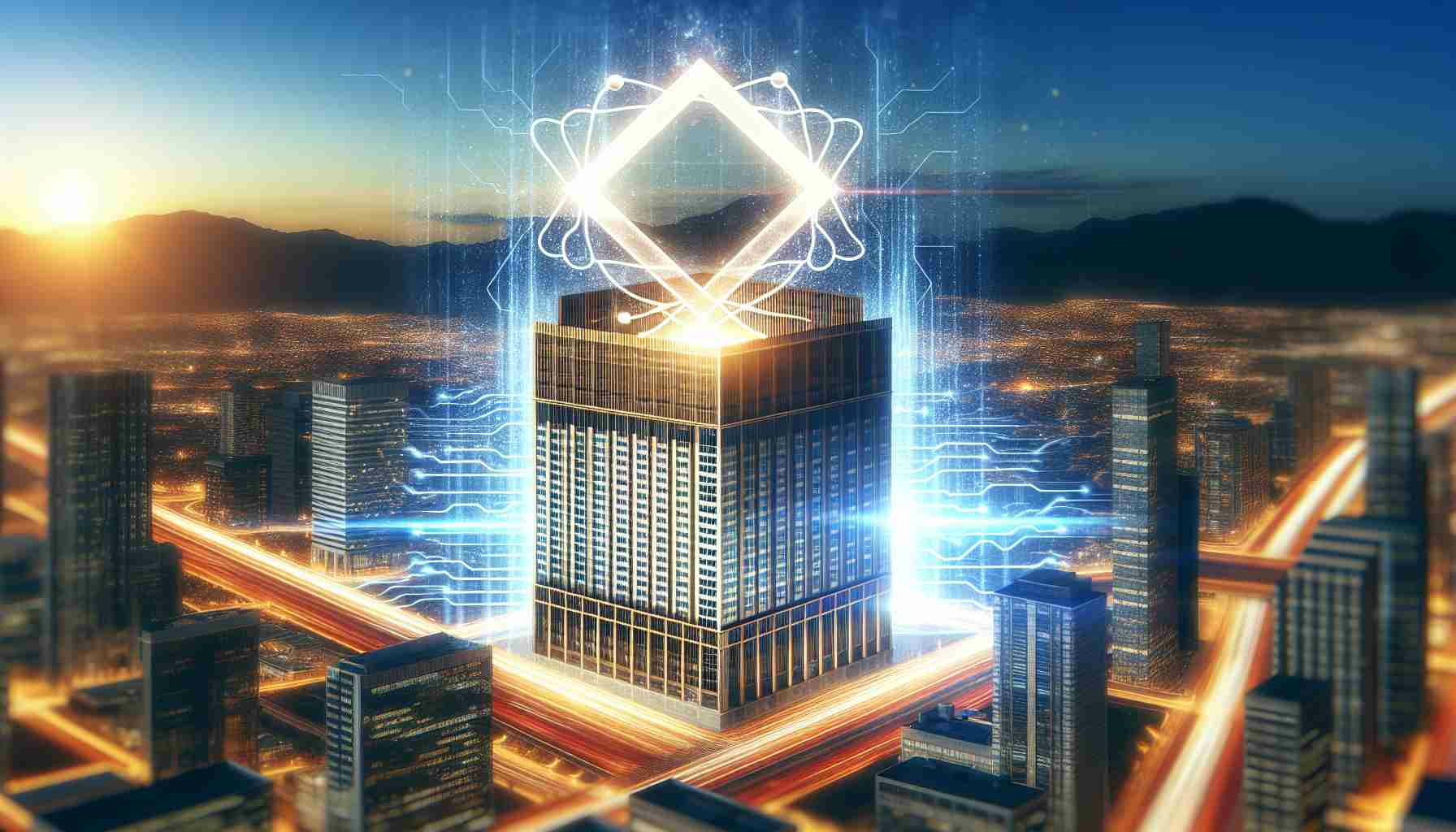 Generate a realistic, high-definition image of a quantum computing company booming with success, symbolized by an office building radiating with energy amidst a landscape of skyscrapers and hi-tech facilities. Use the example of a leading, unbranded company, metaphorically represented by a flag marked with quantum symbol like a Qubit, standing tall on the building.