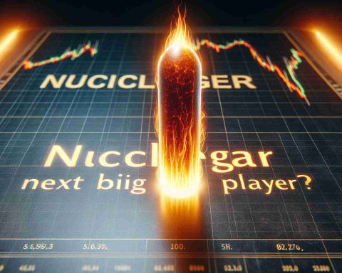 A highly detailed, realistic image of a hot stock symbolizing nuclear energy. It glows with an intense, warm light indicating its rising prominence. In the background, words 'Nuclear Energy’s Next Big Player?' are hovering, giving a sense of intrigue and anticipation.