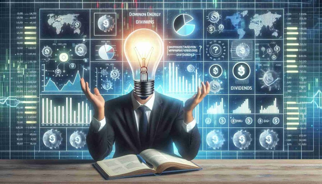 Generate a high-definition, realistic image representing the concept of investors misunderstanding the Dominion Energy Dividends. Include visual symbols like charts and graphs depicting energy stocks and dividends, a confused investor, and a glowing light bulb to signify new insights.