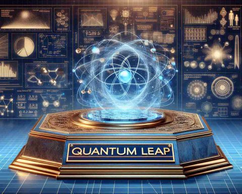 Illustration of a conceptual scientific event symbolizing 'Quantum Leap'. The background is filled with complex quantum physics graphs and diagrams in blue hue. In the forefront is a shiny plaque announcing an ambitious $2.7 Billion Plan, ornate with golden details and accentuated by bright spotlighting.