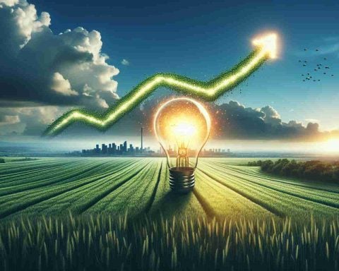 A realistic high-definition image depicting the concept of a 'shock rise' or 'smart move'. Visual metaphors like an illuminated lightbulb to symbolize a smart move or a bouncing ball representing shock rise may be used. Superimpose this conceptual visualization over the background of an expansive, luscious green field to symbolize 'Adani Green'. Please do not associate the image with any specific company or organization.