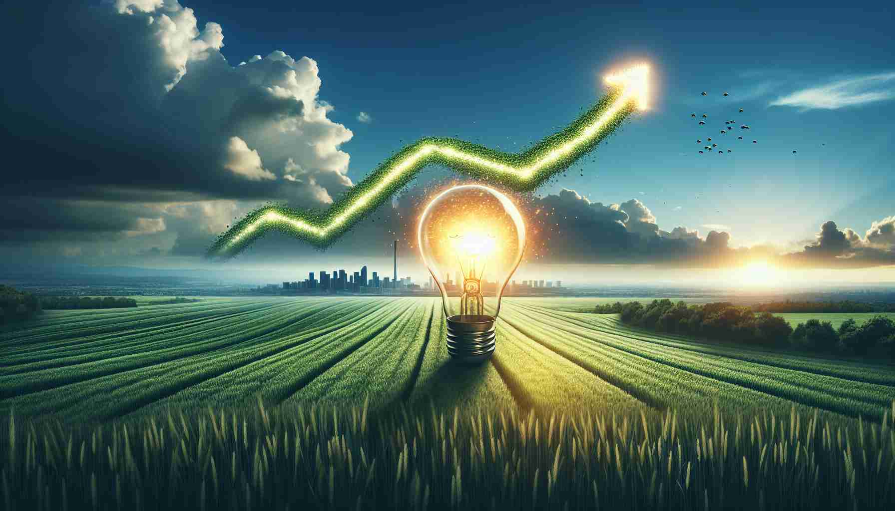 A realistic high-definition image depicting the concept of a 'shock rise' or 'smart move'. Visual metaphors like an illuminated lightbulb to symbolize a smart move or a bouncing ball representing shock rise may be used. Superimpose this conceptual visualization over the background of an expansive, luscious green field to symbolize 'Adani Green'. Please do not associate the image with any specific company or organization.