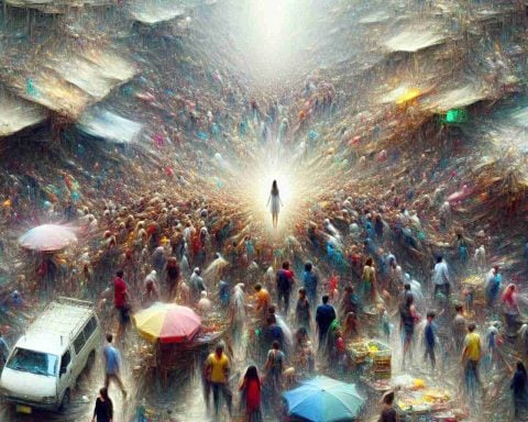 Generate a realistic, high-definition image depicting the chaos of a bustling market, in the throes of a sudden unexpected event that's causing a surge of activity and franticness. Amidst all this, a lone figure is seen - serene and unruffled, radiating a sense of calm contrasting sharply with their surroundings.