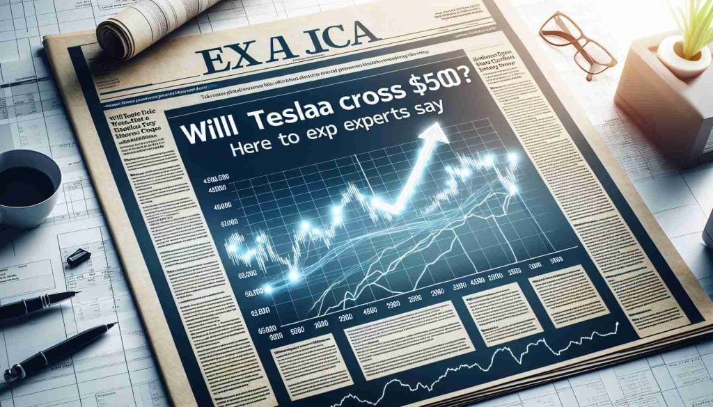 Create an image resembling a realistic high-definition photo of a financial newspaper article headlined 'Will Tesla Cross $500? Here's What Experts Say'. Include financial graphs, annotated line charts and a header image of an upward arrow signifying stock market growth.