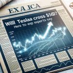 Create an image resembling a realistic high-definition photo of a financial newspaper article headlined 'Will Tesla Cross $500? Here's What Experts Say'. Include financial graphs, annotated line charts and a header image of an upward arrow signifying stock market growth.