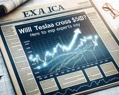 Create an image resembling a realistic high-definition photo of a financial newspaper article headlined 'Will Tesla Cross $500? Here's What Experts Say'. Include financial graphs, annotated line charts and a header image of an upward arrow signifying stock market growth.