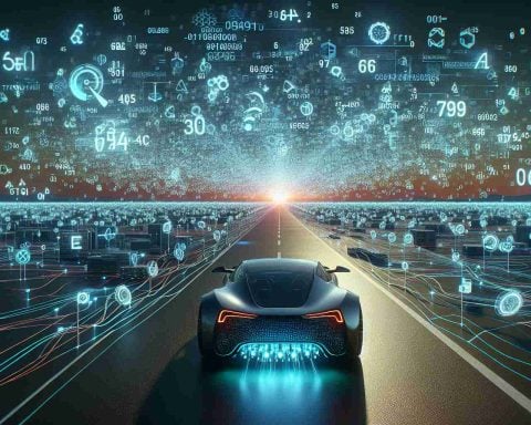 Detailed image in high definition of a conceptual representation of the automotive future being unlocked. Visualize an expansive scene where Big Data is visualized as a swarm of glowing numbers and algorithms, moving forward and leading the way. Incorporate an ultra-modern car design, bristling with innovative technology, following this path defined by Big Data. The environment portrays an open road extending towards a horizon filled with digital symbols, communicating a sense of forward motion and advancement in automotive technology.