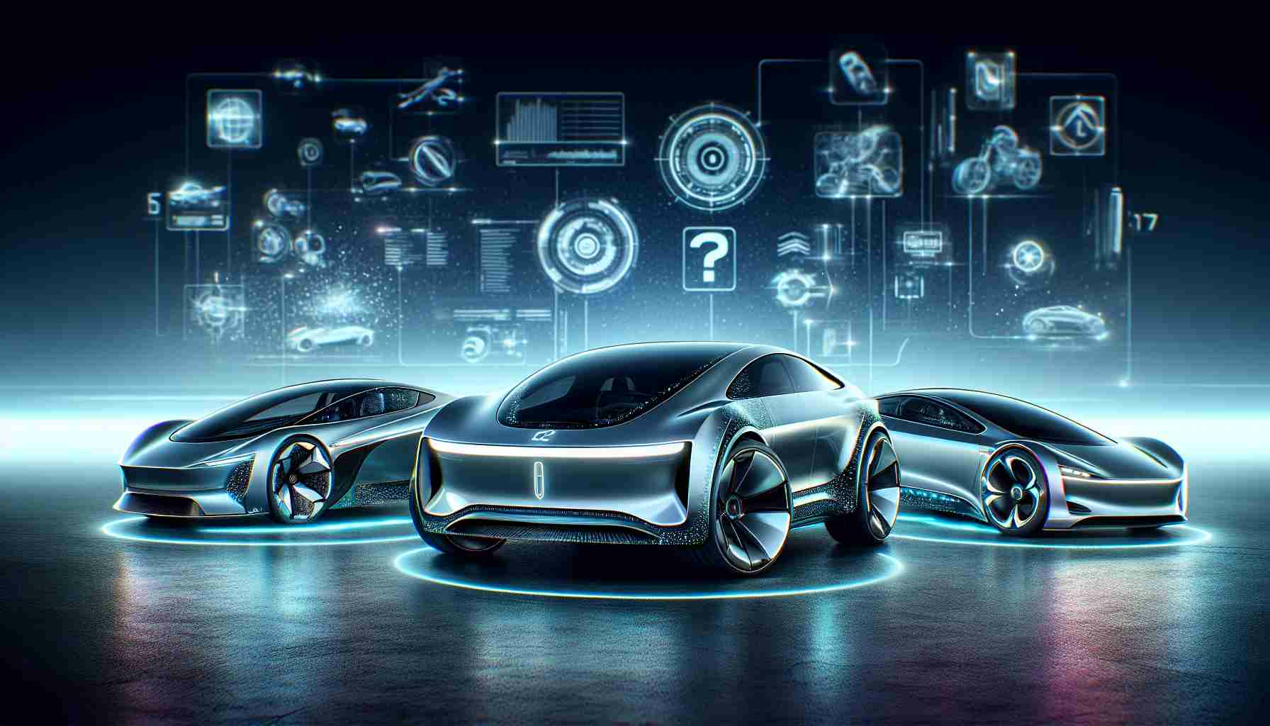 A high-definition, realistic illustration representing the future of electric vehicles. Depict three futuristic electric cars, each showcasing unique design elements and advanced technologies, without referencing any specific brand. Signify a sense of competition between the three, suggesting a metaphorical question of which one represents the next big advancement in EV technology.