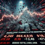 Generate a hyper-realistic, high-definition image capturing the essence of a tumultuous stock market scene. Show a screen filled with numbers in red indicating the plummeting stocks, give emphasis to the crashing line charts. Embed a sense of chaos and urgency, with a headline news ticker running below the screen, announcing 'Market Plummets After Milestone High'. Bonus if you can capture the decline as a shock event after a market having reached a historical high.