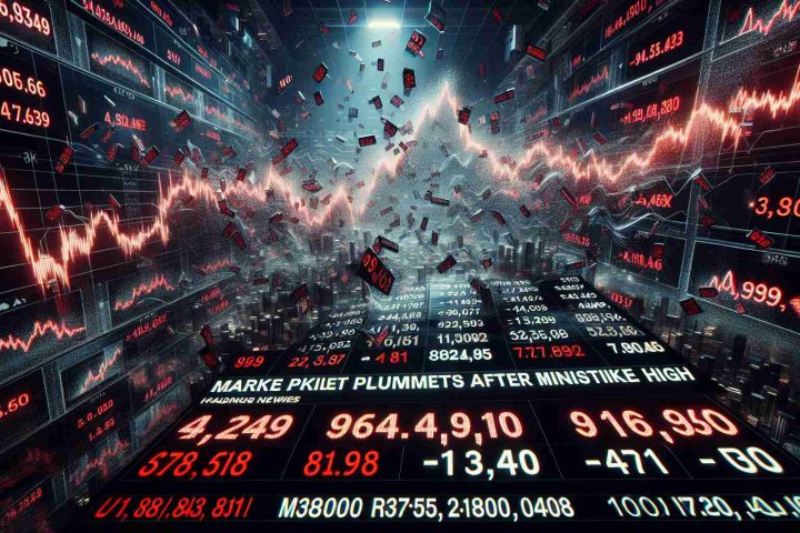 Generate a hyper-realistic, high-definition image capturing the essence of a tumultuous stock market scene. Show a screen filled with numbers in red indicating the plummeting stocks, give emphasis to the crashing line charts. Embed a sense of chaos and urgency, with a headline news ticker running below the screen, announcing 'Market Plummets After Milestone High'. Bonus if you can capture the decline as a shock event after a market having reached a historical high.