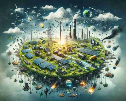 A high-definition image illustration of the boom in green energy. The image shows various innovative green energy sources like wind turbines, solar panels, hydroelectric power stations, and geothermal wells. It is juxtaposed with elements representing the challenges hindering progress, such as coal factories, oil rigs, or outdated technologies. The mood of the image is optimistic but also raises questions about the surprising truths behind the green energy boom.