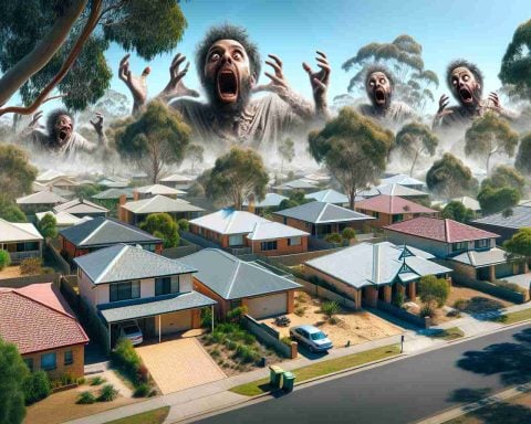 High-definition, realistic photo of a suburban setting in Australia. The scene depicts shock transpiring on the faces of the residents upon hearing news about the resurgence of an ancient disease with modern implications. Suburban houses are visible with gum trees and the clear Australian sky in the backdrop.