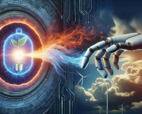 Detailed and high definition image depicting the concept of 'Fueling the Future: AI's Energy Dilemma. A Surprising Solution Emerges'. The scene could include a symbolic representation of AI, perhaps in the form of a futuristic robotic hand, reaching towards an energy source that is both high-tech and environmentally friendly, against a backdrop of a stylized, dramatic sky, indicating a monumental transition in time.