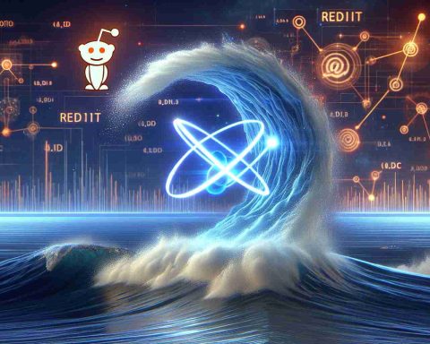 Generate a high-definition, realistic image of a concept relating quantum physics, symbolized by a quantum leap, to the world of investing. Illustrate an ion-based quantum computing company making significant impact, depicted metaphorically as waves in an ocean. Also, include the icon of a popular online platform, Reddit, placed subtly in the backdrop.