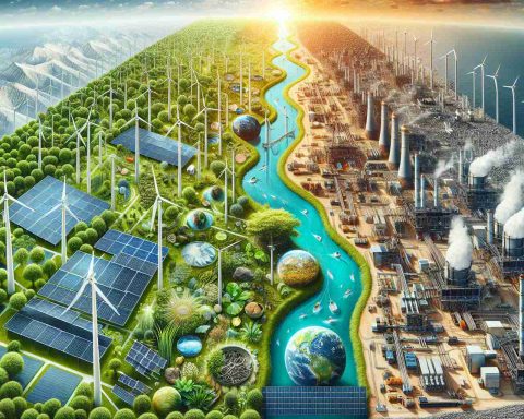 Generate a hyper-realistic high-definition image depicting the unseen aspects of green energy. Show various forms of renewable energy such as solar panels, wind turbines, and hydroelectric plants in one half of the image. On the other half, showcase both positive and negative global impacts. This could include thriving ecosystems but also the process of resource extraction and manufacturing that these technologies require. Try to convey a balanced view of the complex realities of our global energy systems.