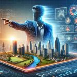 A hyper-realistic image symbolizing a transformation in the real estate landscape. Display an unrecognized player, personified as a spirited Indian entrepreneur pointing confidently towards a futuristic skyline of advanced construction technology and sustainable buildings. The background shows vibrant charts and graphs illustrating economic growth. Ensure to give an HD quality to the overall illustration, embodying a sense of revolution and economic redefinition.