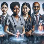 A realistic high definition collage of six inspiring healthcare leaders below 40 years. Include three females and three males. One Caucasian woman, one Hispanic woman, one South Asian man standing confidently on the left side. On the right side, a Black woman, a Middle-Eastern man, and a White man. They are all dressed in professional attire and each holding a holographic image of innovation they've driven in Illinois hospitals, such as a robotic arm for surgeries, a pediatric telemedicine program, and advanced AI diagnostic tools.