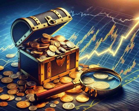 Generate a real high-definition image centered around the theme of investment. To signify a 'secret to big gains', model an open gold treasure chest filled with a mixture of coins and gems, representing the idea of valuable investable assets. Accompany it with a chart angled upwards showing positive progress, symbolizing the success story of an underrated stock. The chart shows a noticeable gap indicating the sudden jump in stock value. To add depth, place a magnifying glass on one corner of the chart demonstrating the scrutiny involved in discovering the potential of such underrated stocks.