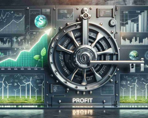 Create a detailed High-Definition image representing the concept of Unlocking Profit: The Rise of Energy Investment. Show a large metallic key with the word 'Profit' inscribed on it, turning in the lock of a secure vault door. The vault door should be made of eco-friendly material, symbolizing green energy. On top of the vault, project multiple upward-trending graphs and charts representing increased investment in the energy sector. The backdrop should display a mix of sustainable energy sources such as solar panels, wind turbines, and hydroelectric dams. Ensure the image evokes feelings of progress, prosperity and sustainability.