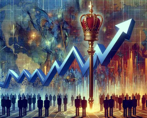 Generate a realistic HD image capturing the metaphorical concept of 'The Unexpected Reign of Stock Price Dominion'. Visualize this as a king's scepter, representing power and dominion, inexplicably getting transformed into a rising line graph denoting the stock prices. The background could contain an abstract rendition of a market place, with figures representing varying market trends. Add an element to suggest this transformation as a game changer in market trends.