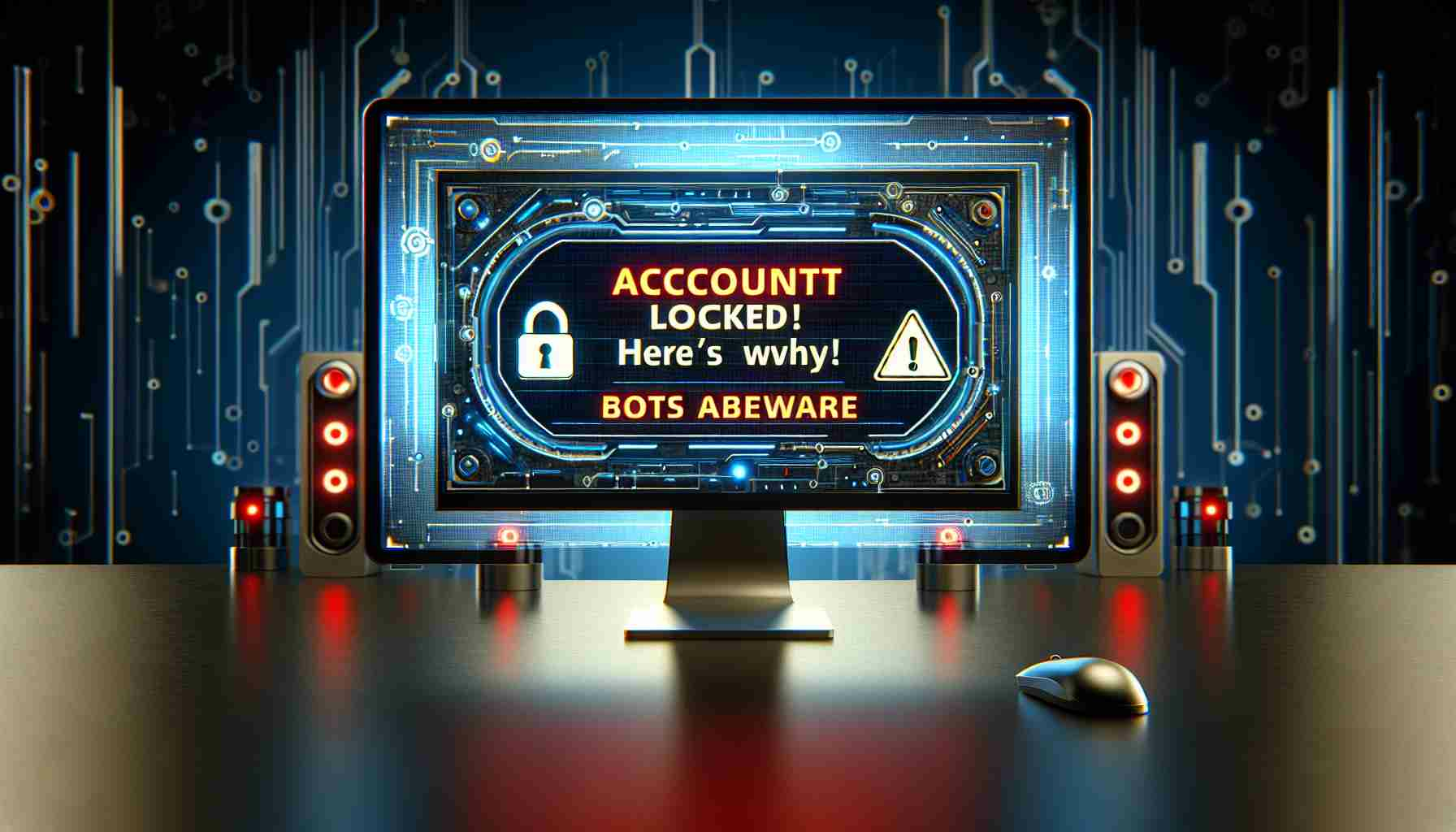 Generate a high-definition, realistically styled image of a digital screen displaying a warning message that reads, 'Account Locked! Here's Why! Bots Beware.' The setting should be indicative of a cybersecurity context, with computer systems and technological elements in the background.