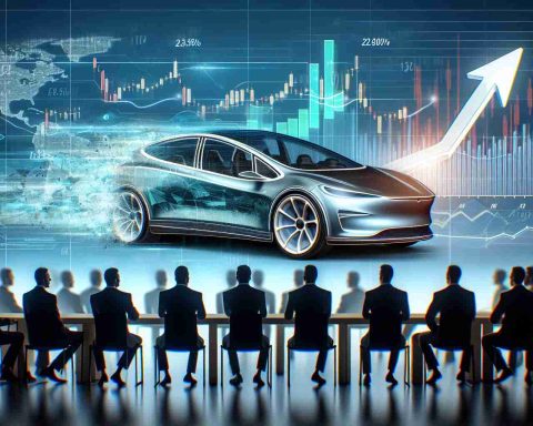 Create a realistic high-definition image representing the concept of 'Is a significant electric car company about to surprise investors? Anticipate the next major shift'. Include an abstract impression of a sleek, modern electric vehicle, a chart depicting potential growth, and a diverse group of investors in suspense, awaiting the next big move.