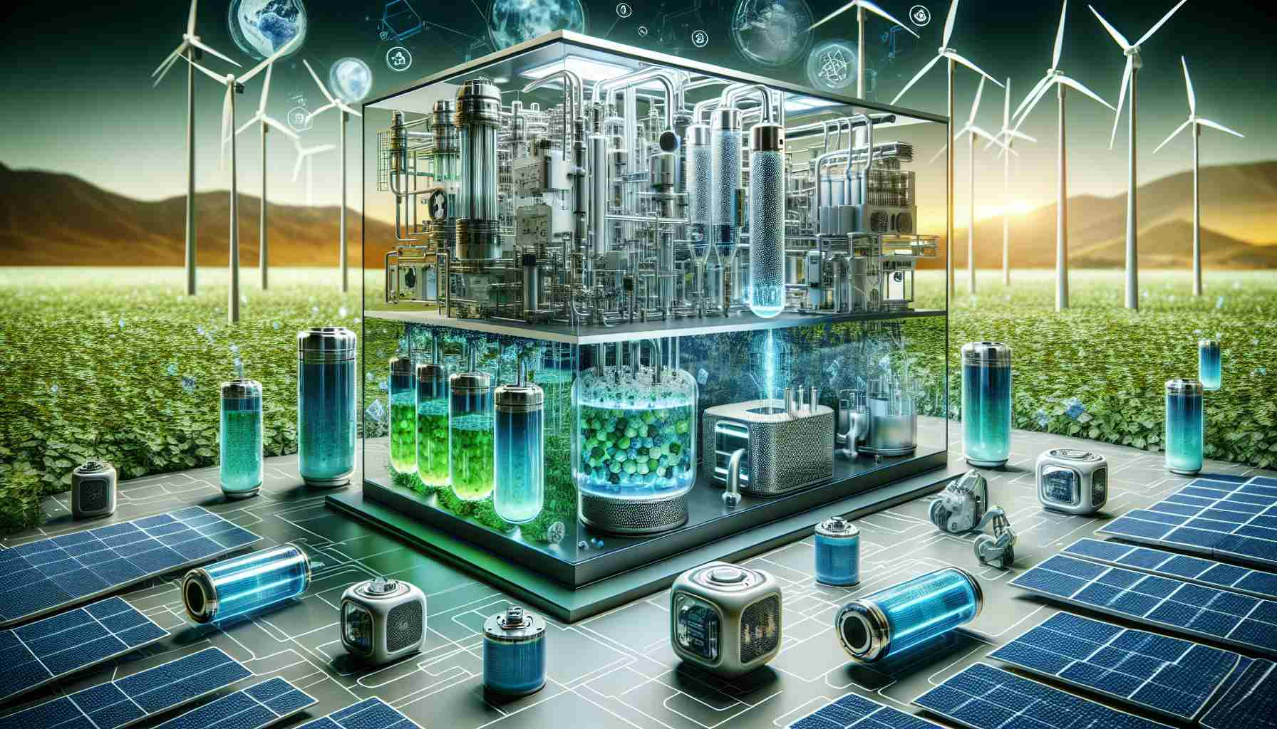 A realistic and high-definition representation of the future of energy represented by fuel cells, visually illustrating their game-changing potential. The image shall depict various kinds of fuel cells in a modern and technologically advanced setting, possibly a laboratory or a green energy facility. Cutaway views of a fuel cells' inner workings, displaying the process of converting chemical energy into electricity could be observed. The backdrop could show symbols of a sustainable and clean energy future, such as wind turbines or solar panels, highlighting the synergy between these different sources of renewable energy.