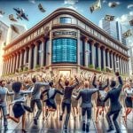 Realistic high-definition image illustrating the concept of a successful Initial Public Offering (IPO). It depicts a scene with bustling investors, a diverse group of people comprising Caucasians, Hispanics, Blacks, Middle Eastern, and South Asian individuals, both male and female, in business attire, who are excitedly rushing towards a metaphorical financial institution named Nisus Finance. There are positive expressions on their faces, highlighting the overwhelming success. Additional graphical elements could include hands holding and waving investment documents, digital stock board displaying soaring prices, and the gleaming facade of the Nisus Finance building.