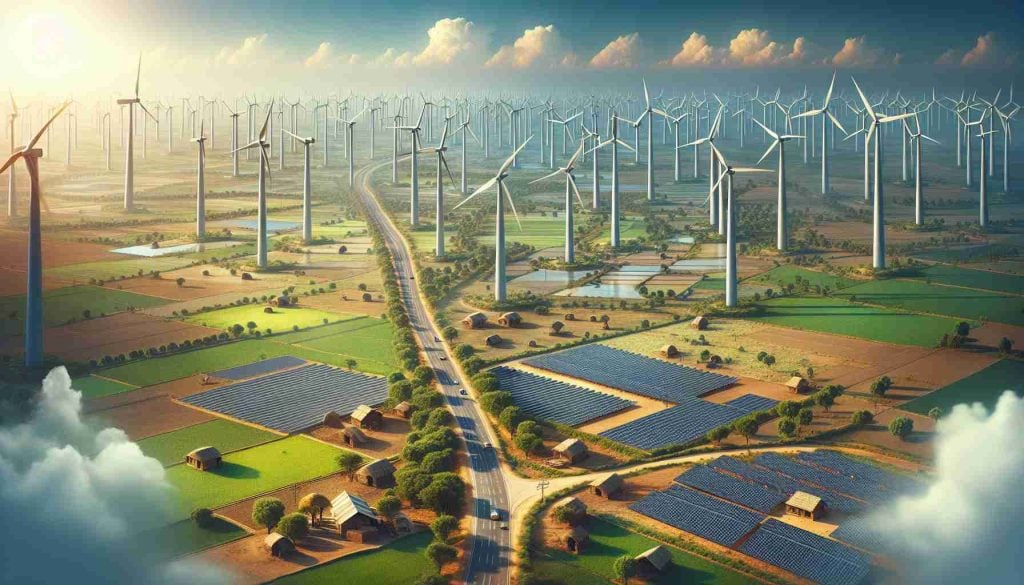 Generate a high-definition, realistic image that depicts the evolution of renewable energy in India. Picture this as a landscape with numerous large, towering wind turbines amidst open, rural fields under a bright, clear sky. On one side, show a solar farm with a vast expanse of sunlight-catching solar panels. Scatter a few rural homes using solar rooftop panels. Also, to illustrate the unexpected turns, include a winding road that weaves through the renewable energy landscape, often changing direction.