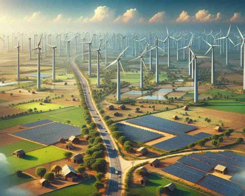 Generate a high-definition, realistic image that depicts the evolution of renewable energy in India. Picture this as a landscape with numerous large, towering wind turbines amidst open, rural fields under a bright, clear sky. On one side, show a solar farm with a vast expanse of sunlight-catching solar panels. Scatter a few rural homes using solar rooftop panels. Also, to illustrate the unexpected turns, include a winding road that weaves through the renewable energy landscape, often changing direction.