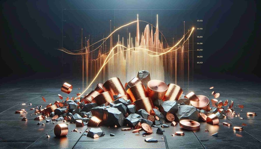 An image of unsteady or shaky ground, which can serve as a metaphor for uncertain circumstances. In the background, gleaming copper elements elegantly placed to represent the future possibilities of copper prices. The display is in high definition and elaborate for a realistic look.