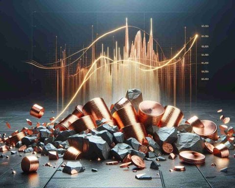 An image of unsteady or shaky ground, which can serve as a metaphor for uncertain circumstances. In the background, gleaming copper elements elegantly placed to represent the future possibilities of copper prices. The display is in high definition and elaborate for a realistic look.