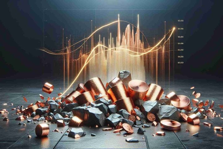 An image of unsteady or shaky ground, which can serve as a metaphor for uncertain circumstances. In the background, gleaming copper elements elegantly placed to represent the future possibilities of copper prices. The display is in high definition and elaborate for a realistic look.