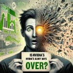 A realistic HD image depicting a question asking 'Is Nvidia's Glory Days Over?' with the notion of 'Shocking Investor Advice Raises Eyebrows' beside it. Visually, this concept could be represented by a symbolic representation of the historical success of Nvidia fading or being overshadowed, juxtaposed with a surprised or shocked facial expression, representing 'Raising Eyebrows'. The background can be filled with subtle symbols of finance and investment like stock market graphs or currency icons.