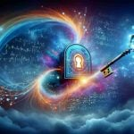 A realistic, high-definition illustration of a symbolic representation of 'Unlocking Quantum Potential'. Show a vibrant, abstract design featuring elements such as a giant quantum key reaching towards a lock designated as 'Potential'. These elements are floating amidst an ethereal backdrop signifying quantum realms. Secondary elements may include mathematical equations or symbols commonly associated with quantum physics. Also, populate the image with the text 'Discover Breakthrough Method' in an intriguing, bold typography.